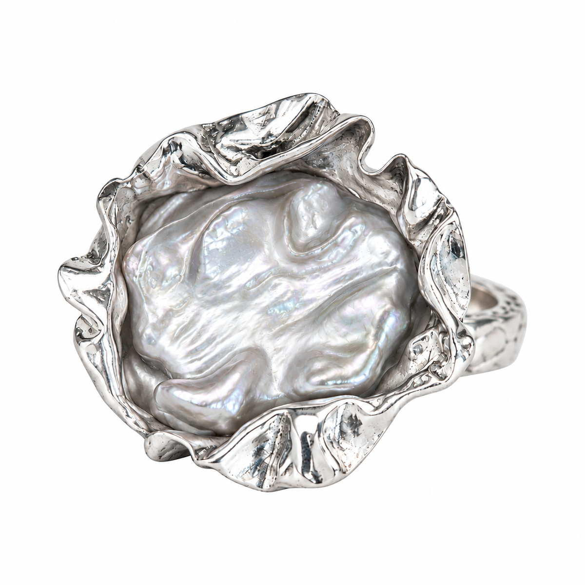 Handmade S999 fine silver Petal Pearl ring
